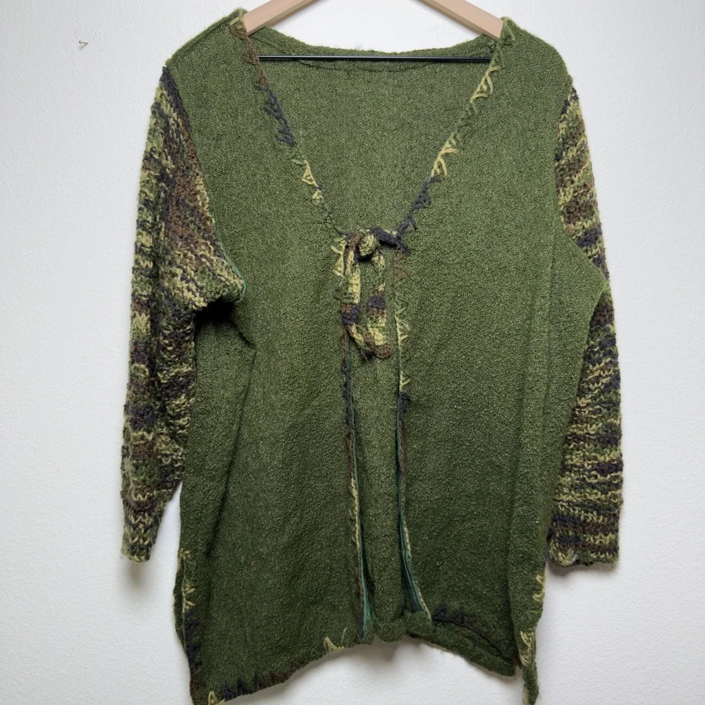 Women Tie Front Goblincore Knit Cardigan Sweater Large Green Boho Gremlin